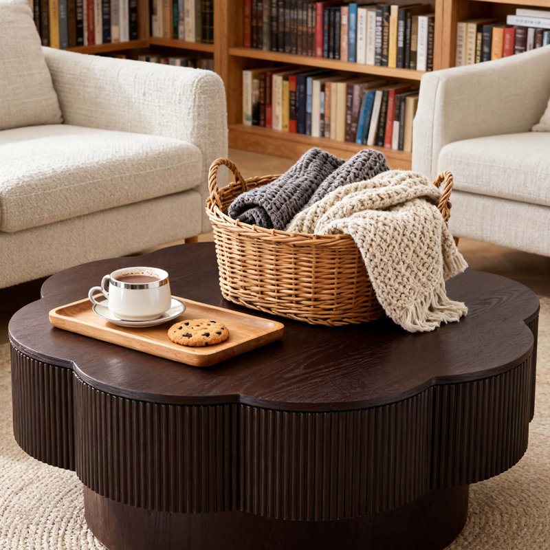 Modern Flower Shaped Coffee Table with Storage, Plum Blossom Design in Natural Wood Veneer for Living Room and Office, Easy Assembly, Dark Brown