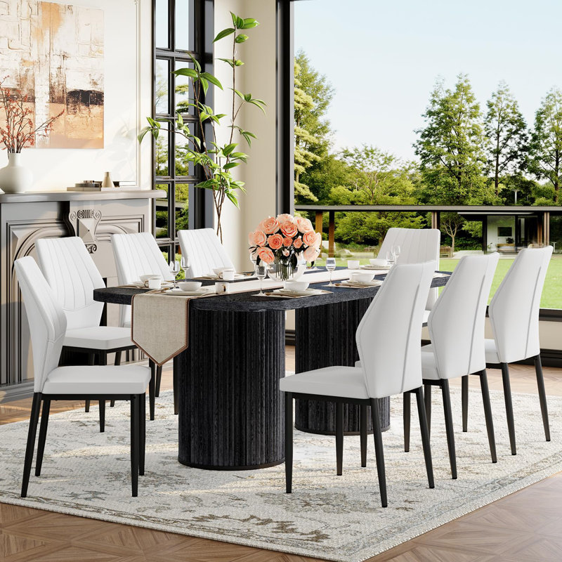 Ensemble de table de salle à manger de 79 po pour 8 personnes, grand ensemble de table de salle à manger pour 8 personnes avec base à double piédestal cannelée et chaises rembourrées