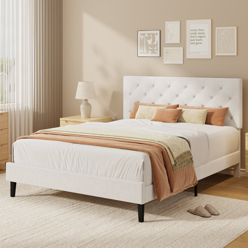 Bed Frames with Button Tufted Headboard, Linen Upholstered Bed with Wooden Slats Support, 135x190, White