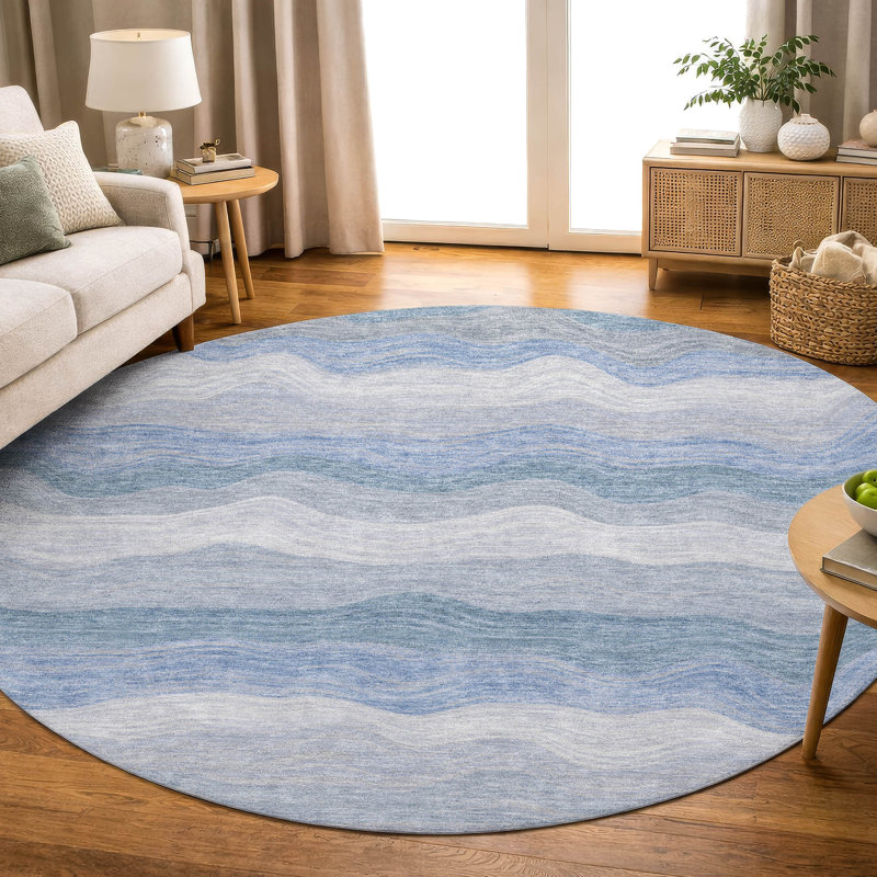 Premium Machine Washable Mayfield AMF2397 Striped Rug, Denim, 8' Round