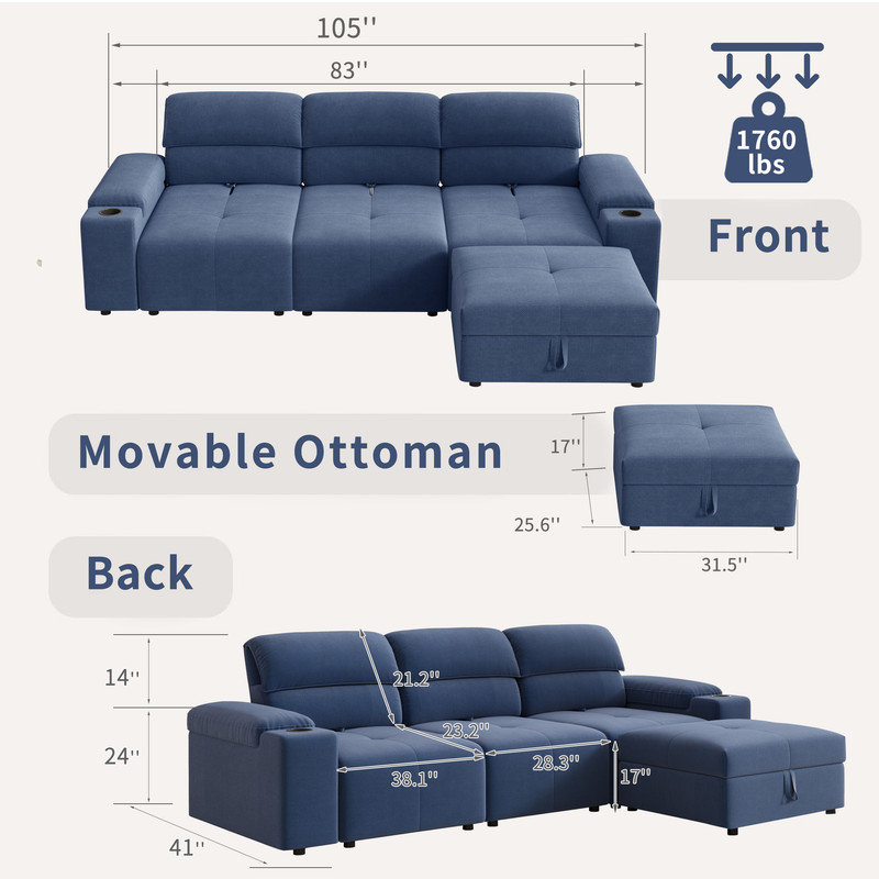 105" Modern Modular Cloud Sectional Sofa with Storage Ottoman and Adjustable Backrest, Blue