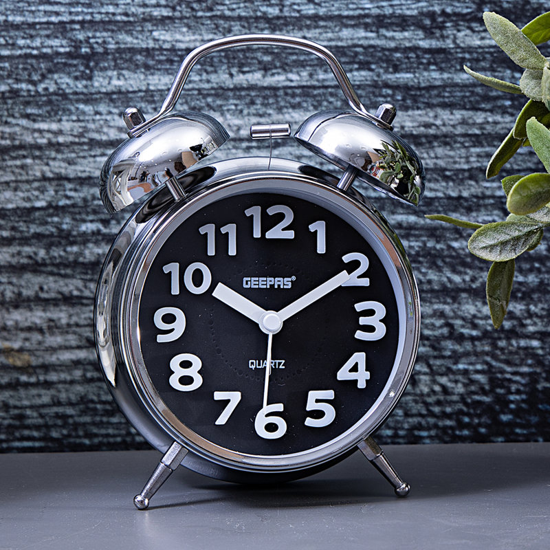 Analog Chrome Quartz Alarm Tabletop Clock, Black