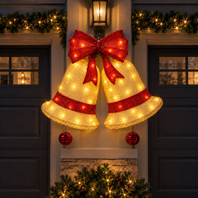 37.8" Giant Lighted Christmas Bell Pair with Red Bow, 100 Warm White LED, 2.5D Shimmery Woven Mesh Hanging Outdoor Christmas Decor, IP44 Weatherproof for Balcony Porch Garage Wal