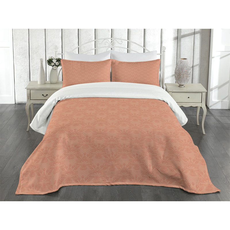 Ambesonne Peach Bedspread Ornate Spring Flower Peach, King Coverlet/Bedspread + 2 Pillow Shams