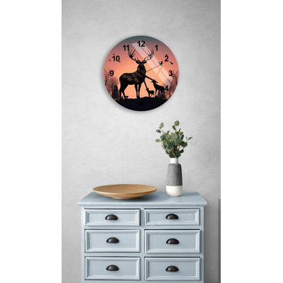 Wildlife Silhouette with Stag and Fawn 24'' Round Tempered Glass Silent Wall Clock