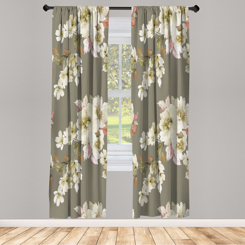 Microfiber Floral Semi-Sheer Rod Pocket Curtain Panels, 28" W x 95" L, Gray/Green