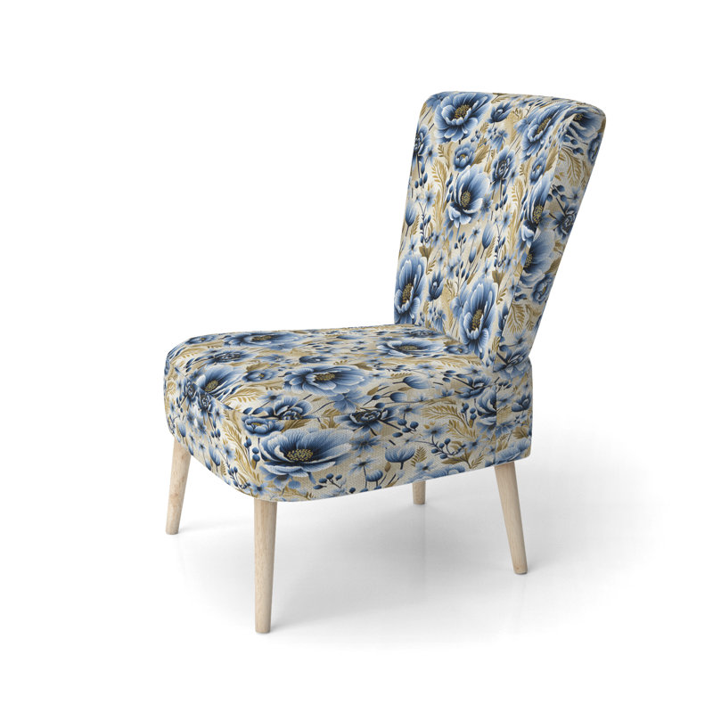 Vintage Blue And Beige Floral Pattern - Upholstered Farmhouse Side Chair, Blue Accent Chair