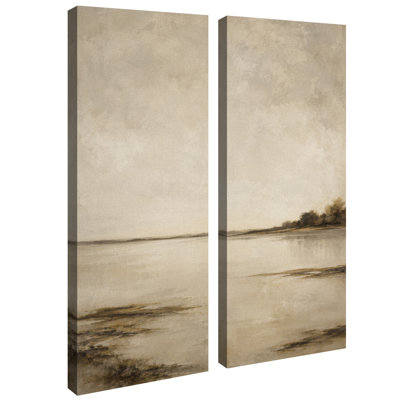 Paysage serein au bord d'un lac, beige neutre – Ensemble de 2 impressions d'art encadrées sur toile 32 po x 12 po x 2 po