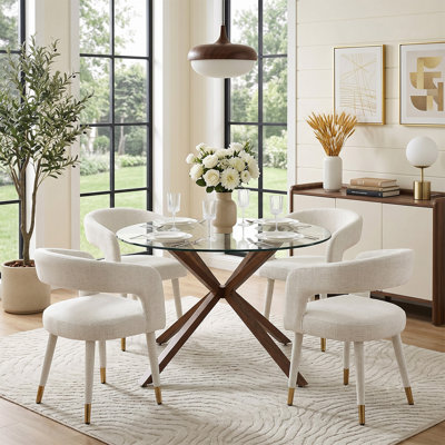 Ensemble de salle à manger 39 po en verre rond avec 4 fauteuils rembourrés et base en métal grain de bois