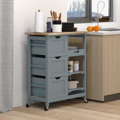 Rolling Kitchen Island Cart, Bar Serving Cart, Compact Trolley on Wheels with Wood Top, Shelves & Drawers for Home Dining Area