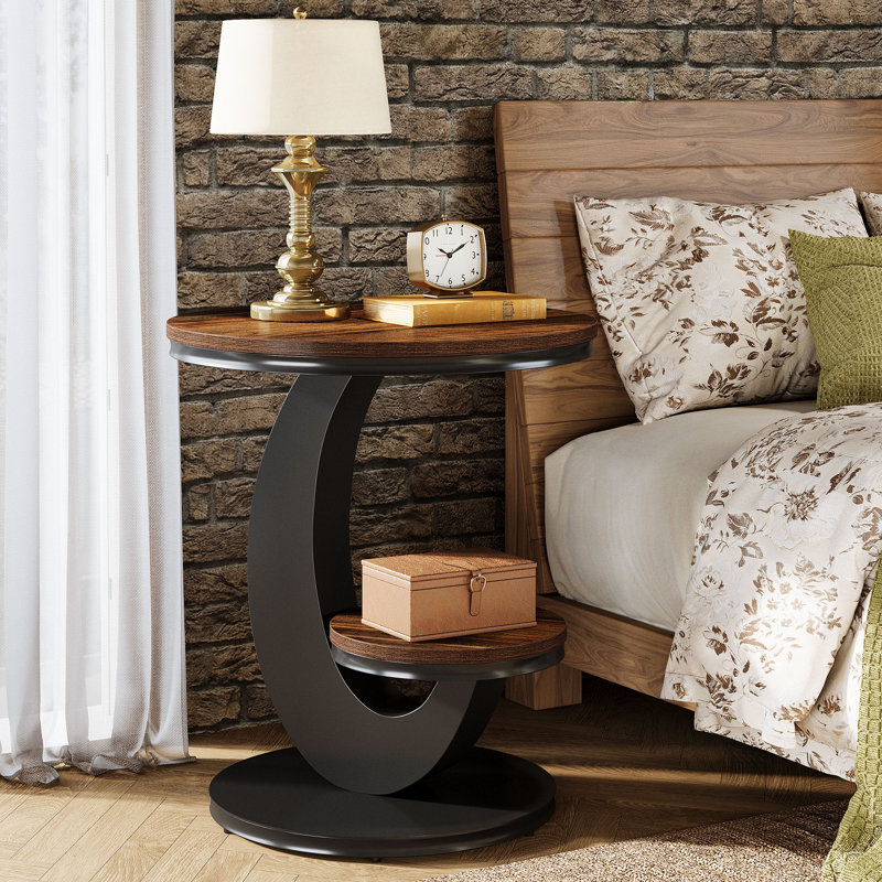 2 Tiers Round End Table, Rustic Brown