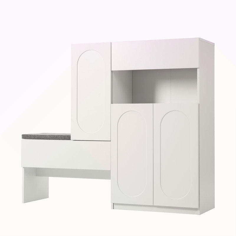 Élégant range-chaussures 2-en-1 avec coussin moelleux, banc de rangement moderne avec portes arquées et dispositifs de rebond, range-chaussures polyvalent avec tablettes réglables pour le couloir et le salon