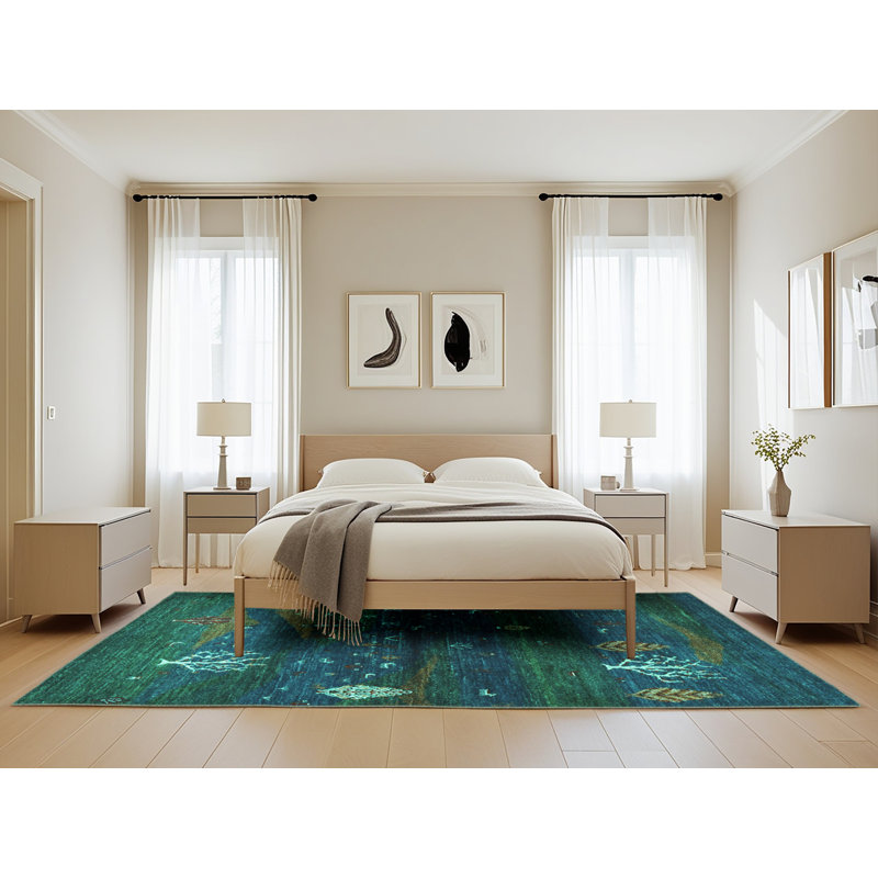 Tapis bleu / vert foncé en laine et en polyester tissé à la machine Eklavya, Rectangle 5 pi x 8 pi