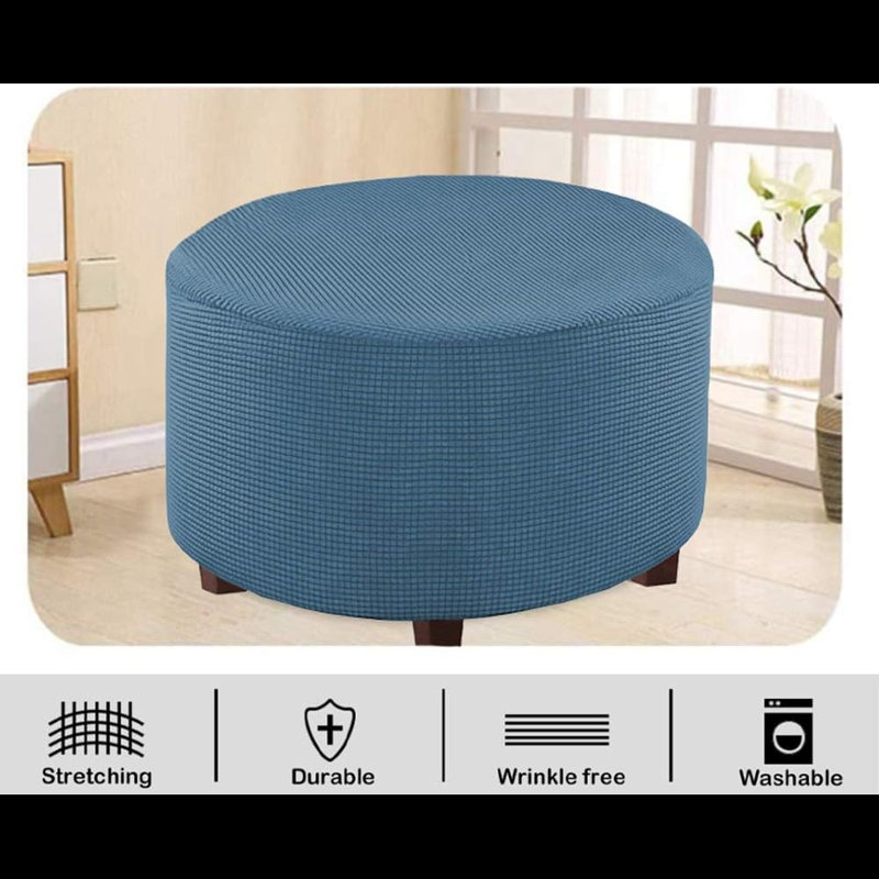 Round Ottoman Slipcover Polyester Blend Footstool Protector Covers Stretch With Elastic Bottom Feature Textured Machine Washable Jacquard Fabric