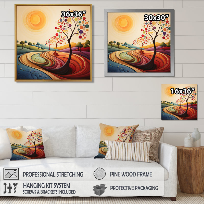 Joyeux arbre coloré Summertime - arbre, art mural de salon, H 30 po x l 30 po, Cadre flottant noir, bois massif