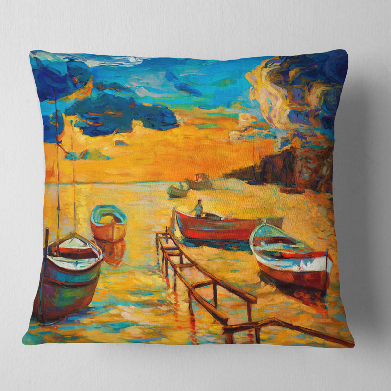 Bateaux dans une belle mer - Coussin à imprimé paysage, 18 po x 18 po, Coussin décoratif
