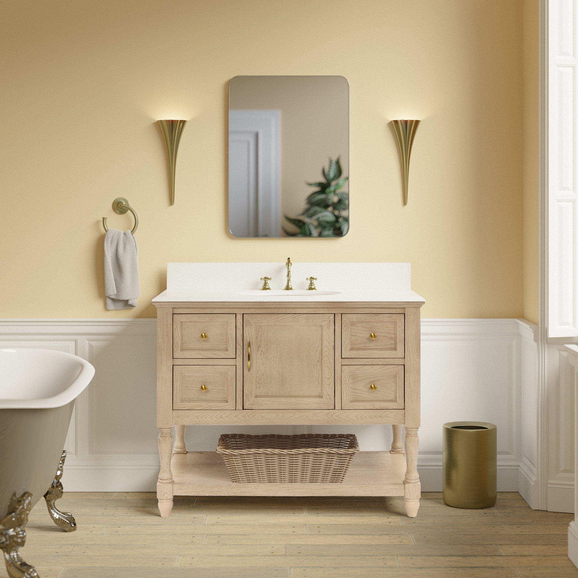 Hampton 42'' Single Bathroom Vanity, Engineered White, Greige Oak