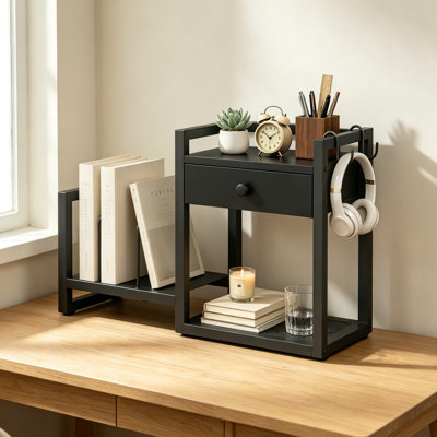 Organisateur de bureau, bibliothèque de bureau en bois à 2 niveaux avec tiroir et crochets, support de table pour bureau, maison ou dortoir