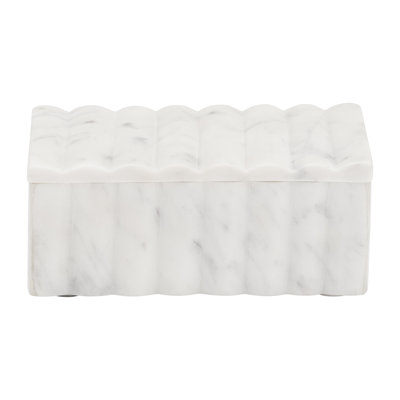 Decorative Rectangular Marble Ridged Box with Removeable Lid - Elegant Home Decor Accent Perfect for Keepsake, Jewellery Storage, or Organizer Box - White