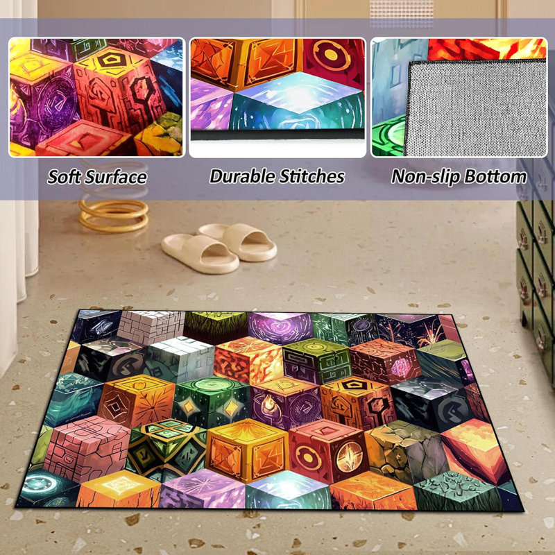 Magic Games Pixel Rug For Teen - 60"X40" Non-Slip Cube Block Mat, Kids Gaming Carpet For Bedroom, Doormat, Living Room & Playroom