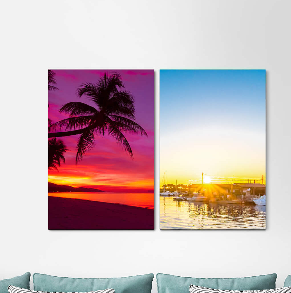 2-tlg. Leinwandbilder-Set - Fotografie "Palmen Karibische Südsee-Sonnenuntergang-Sommer-Traum-Ferien-Strand"