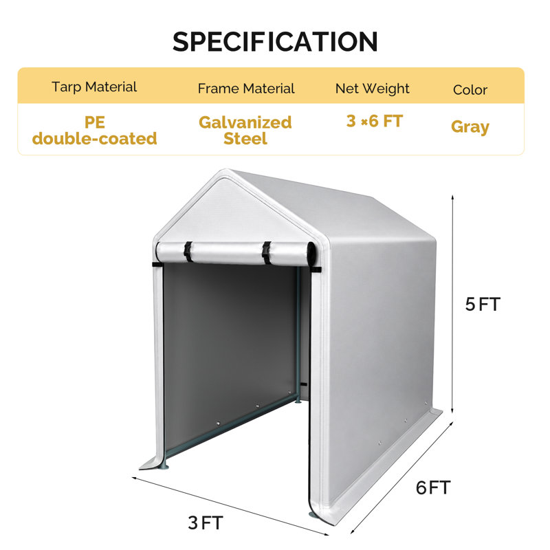 3' x 6' Heavy Duty Outdoor Storage Shed, Silver Portable Storage Shelter with Roll-up Mesh Windows & Roll Door, Powder-Coated Steel Frame for Garden Tools, Bikes & Firewood