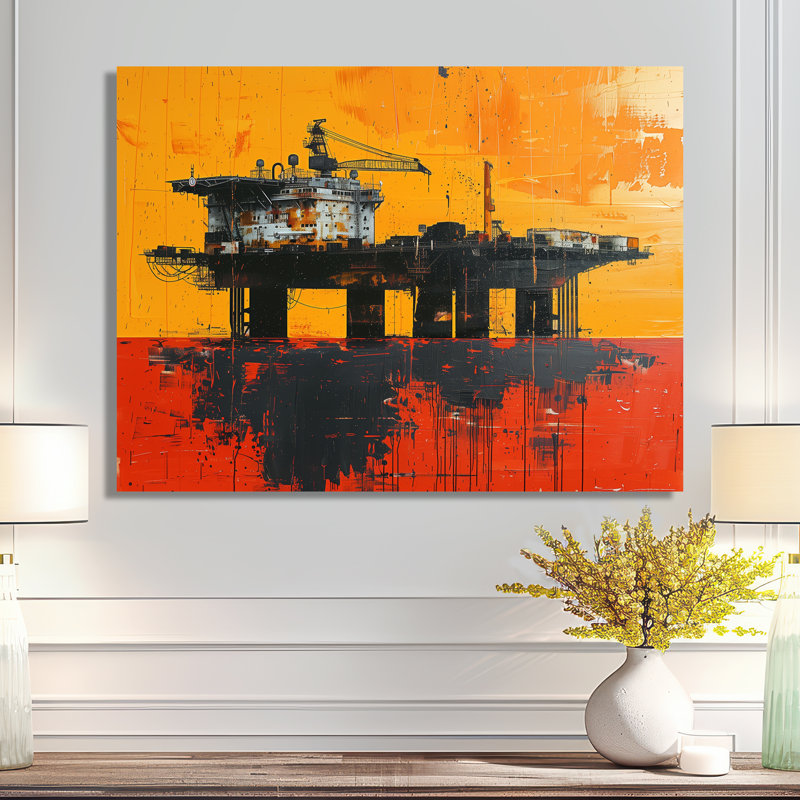 «Orange Orange Oil Plateform Ocean Drill - Oil Rigs / Fields», reproduction d'art, Cadre photo blanc, 12" H x 20" W