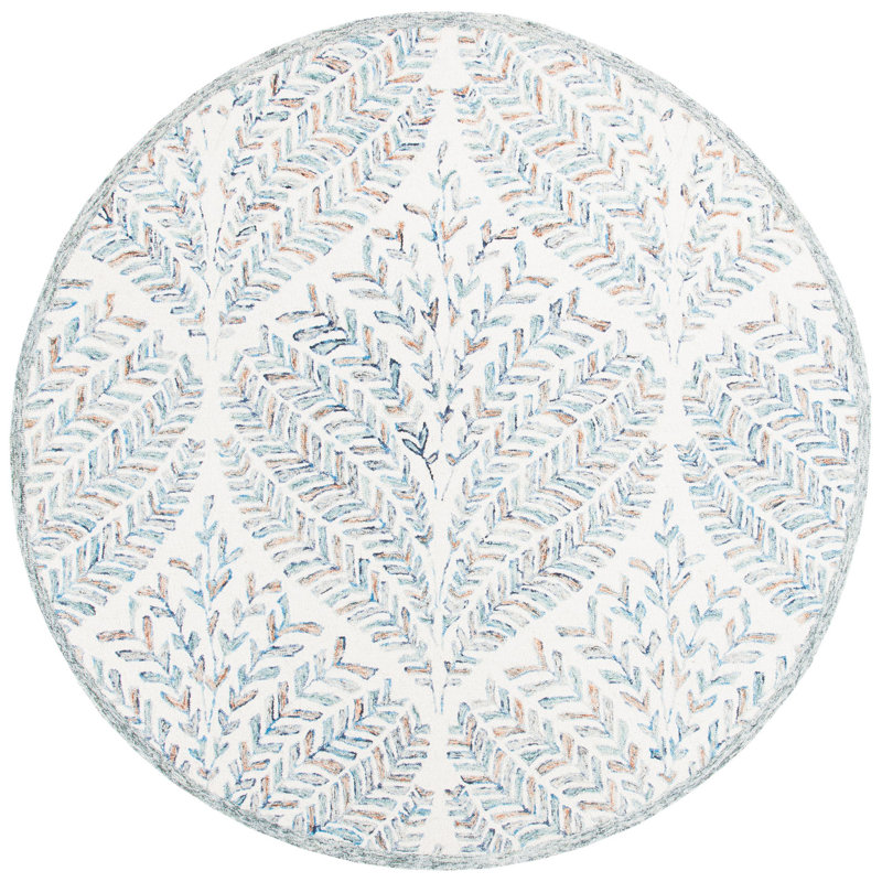 Tapis ivoire / bleu en laine touffeté à la main Ikat, Rond 6 pi