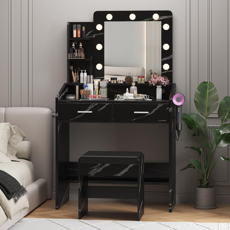 Makeup Vanity Desk with Mirror and LED Lights, 9 Bulbs, Power Outlet, 2 Drawers, Shelves, Cushioned Stool, 3 Lighting Modes, Marble Black