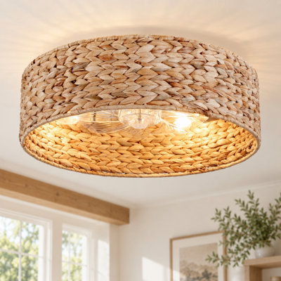 Ventilateur de plafond bohème rustique en rotin tressé à 7 pales de 51 cm (20 po), avec lumière et télécommande
