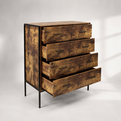 Industrial Style 4-Drawer Dresser with Sturdy Steel Frame, Rustic Brown Wood Organizer for Clothes and Accessories