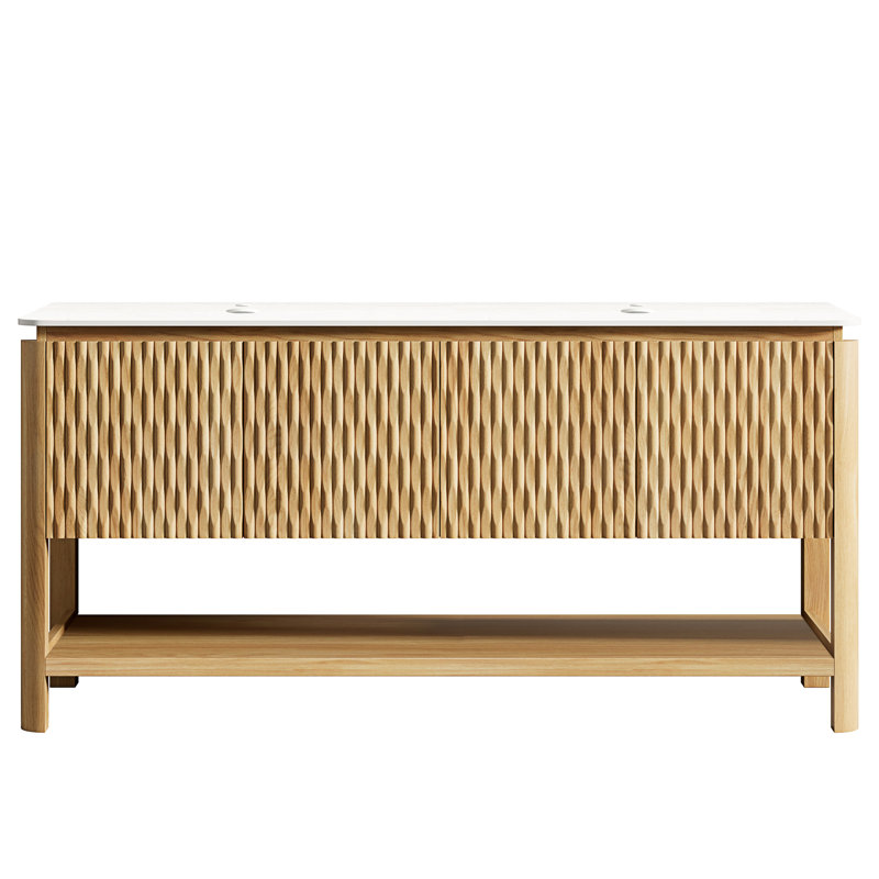 Meuble-lavabo autoportant de 152 cm (60 po), comptoir en pierre frittée blanche, aspect chêne brun, construction en contreplaqué multicouche, portes pleines 3D, armoire à double porte à fermeture amortie pour le rangement
