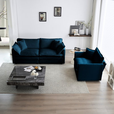2 Seater And Chair , Piece & For Living Room, Blue Chenille Upholstered With Solid Wood Frame Sponge In Chenille, Quality Materials, Comfortable Seating Arrangement Home