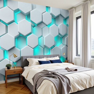 Futuristic Peel and Stick Wallpaper 3D White Hexagonal Geometric Neon Blue Glow Wall Murals 100"H x 144"W Removable PVC Wall Paper Self-Adhesive Wall Decor for Bedroom Living Room Home Office