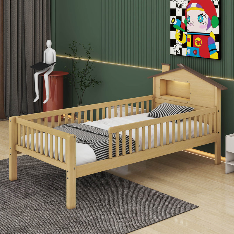 Lit plateforme en bois Alevras avec tête de lit en forme de maison, rangement à DEL et rangement intégré, Naturel, Simple