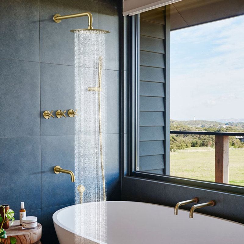 Wall Mounted Solid Brass Complete Shower System With Tub Spout And 3-Cross Handles, Brushed Gold