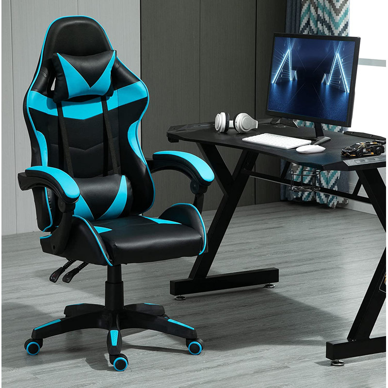 Inbox Zero Adjustable Reclining Ergonomic Faux Leather Swiveling PC & Racing Game Chair, Blue