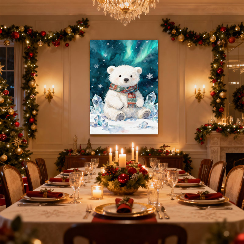 Ours polaire de Noël avec écharpe et aurores boréales, ensemble de 3 impressions sur toile, H 24 po x l 16 po