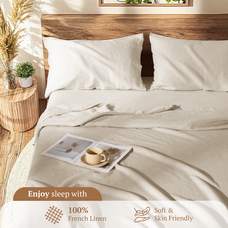 Queen Size Linen Cotton Blend Percale Sheet Set in Light Beige