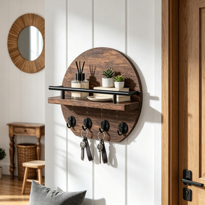 Porte-clés mural avec tablette et crochets, porte-clés rustique en bois pour l'organisation et la décoration de la maison