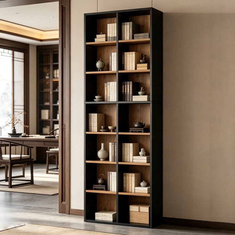Bibliothèque 7 étages avec 14 cubes, bibliothèque double étroite avec 6 tablettes réglables, peu encombrante, Brun / Noir
