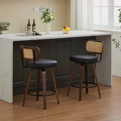 Set Of 2 Counter Height Bar Stools - 26 Inch Rattan Counter Height Stools With Cane Back, Upholstered Seat, Walnut Craftsmanship, Swivel Counter Stools For Island/Kitchen/Counter/Bar