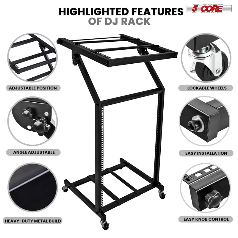 5 Core 16U Professional Audio Rack Mount DJ Mixer Stand Studio Adjustable Table Cart with Wheels
