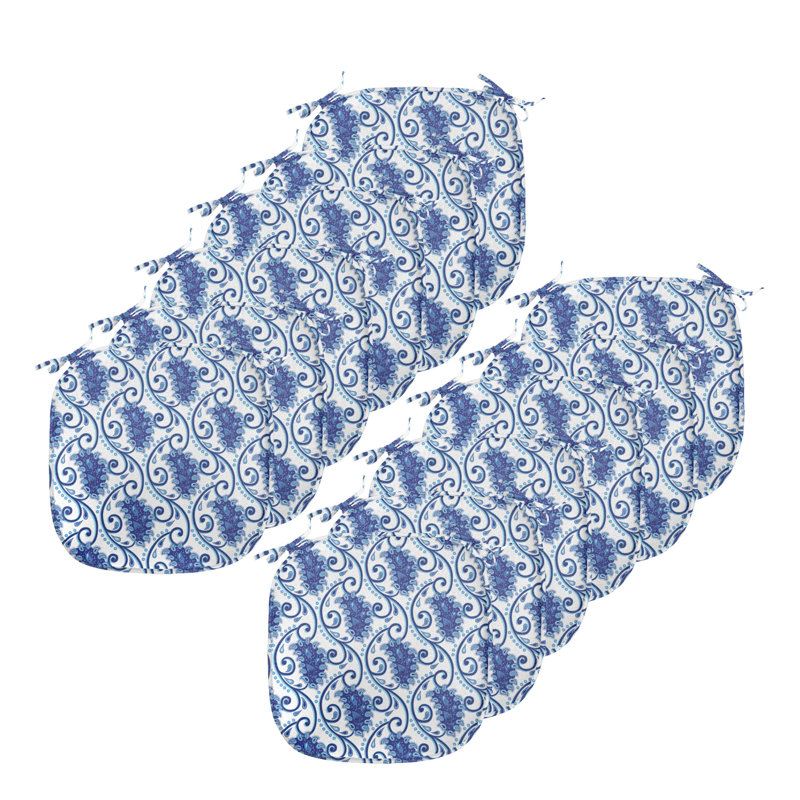 Paisley Chair Seating Cushion Set Of 12, Vintage Eastren Inspired Design With Flowers Ivy Leaves And Dots Nature Art, Seat Pads For Office With Anti-Slip Backing, 40 Cm X 40 Cm, Blue And White