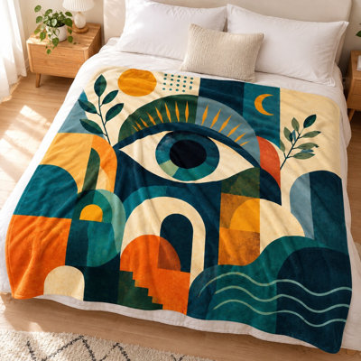 1Pcs Bohemian Abstract Eye Moon Landscape Print Flannel Blanket – Single-Sided;Artistic DesignCozy & WarmMachine WashableIdeal for Living Room, Bedroom, and Sofa DecorationAvailable in Multiple SizesA Perfect Gift Choice. Bedding