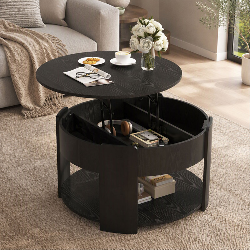 Table basse ronde avec plateau relevable, rangement dissimulé et hauteur réglable. Style champêtre et minimaliste moderne.