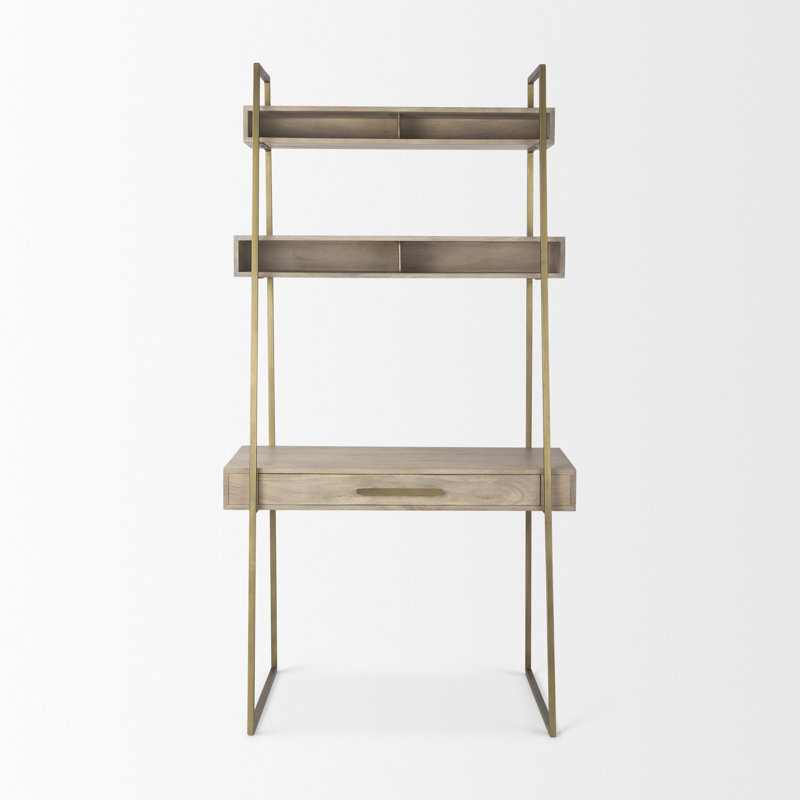 Bureau en bois massif Meredithe, Brun clair / or