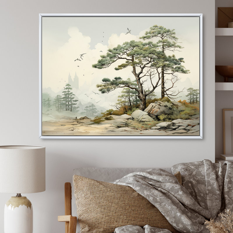 " Pine Tree Harmony Of II ", White Floater Framed, 16" H x 32" W x 1" D