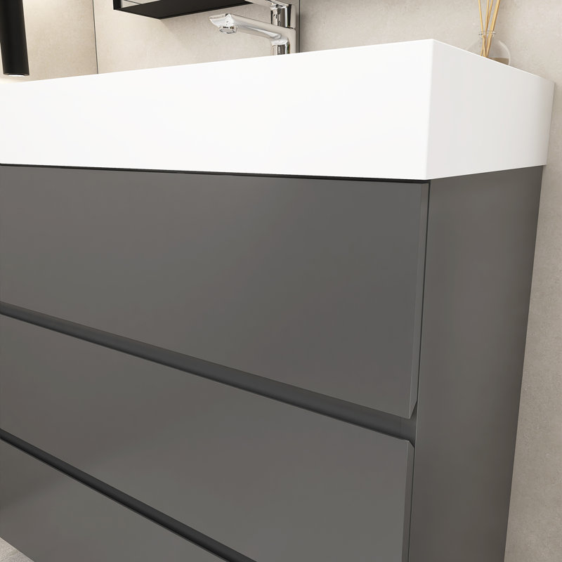 Rahoul 35.8'' Single Bathroom Vanity with Solid Surface Top, Gray, White