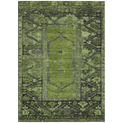 Machine Washable Indoor/Outdoor Xhevrie Olive Rug